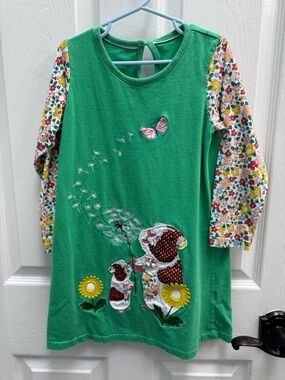 Girls' Green Floral-Sleeve Dress with Animal Appliqué